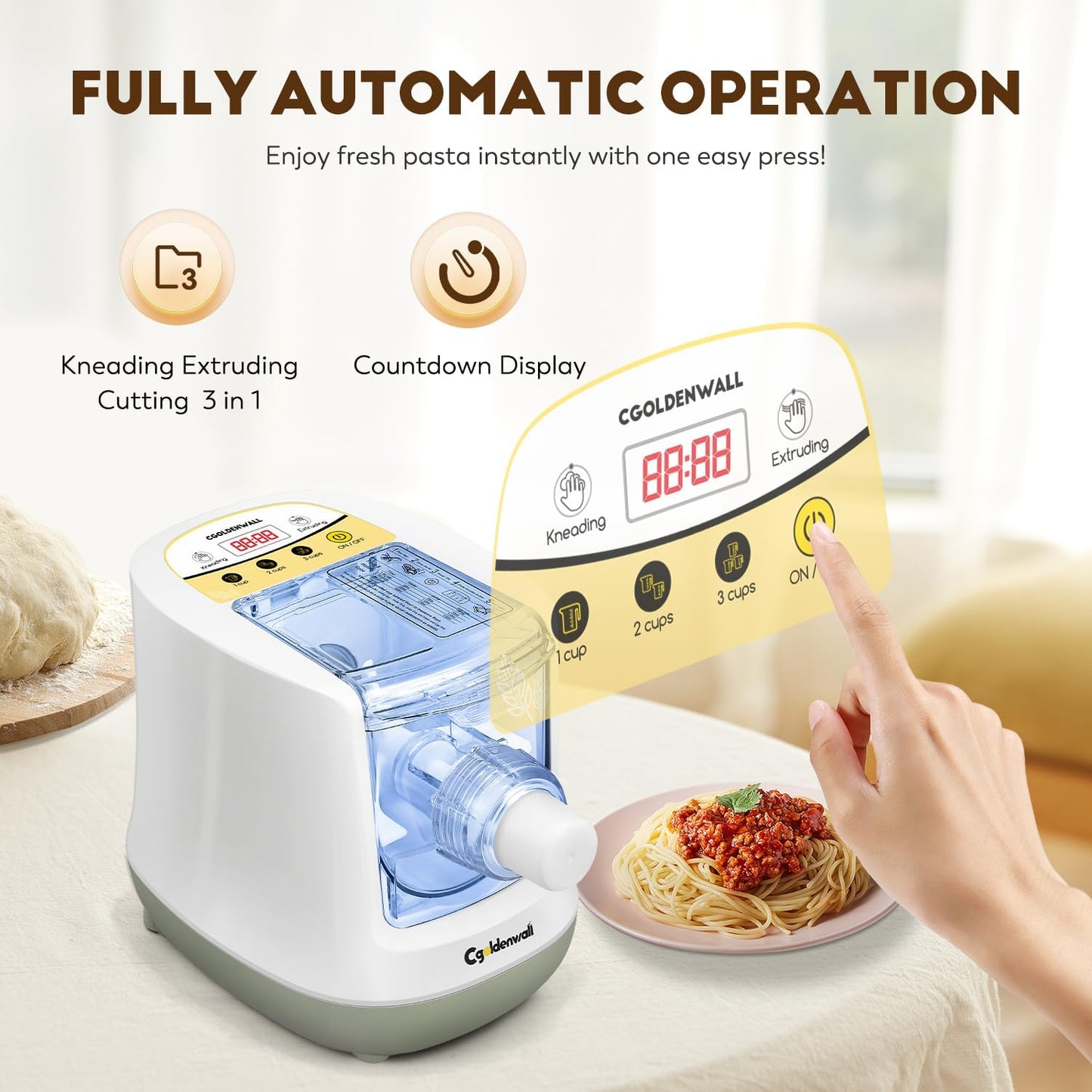 CGOLDENWALL Automatic Pasta Maker Machine Electric, Digital Control with 12 Shape Discs for Homemade Noodles, Spaghetti, Fettucine and Penne, Up to 650g Flour, White, 260w (110V, US Plug)