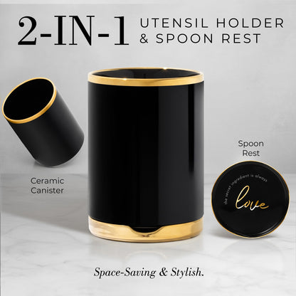STYLED SETTINGS Black and Gold Kitchen Utensils Set – 8 Piece Silicone Cooking Utensils with Gold Handles, Black Ceramic Utensil Holder & Spoon Rest – Heat Resistant, Nonstick Safe, Sleek Storage