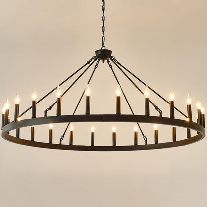 JTYP 53 Inch Large Black Farmhouse Wagon Wheel Chandelier,24-Light Round Industrial Pendant Light fixtures for Outdoor Porch high Ceilings Living Dining Room Foyer Entryway