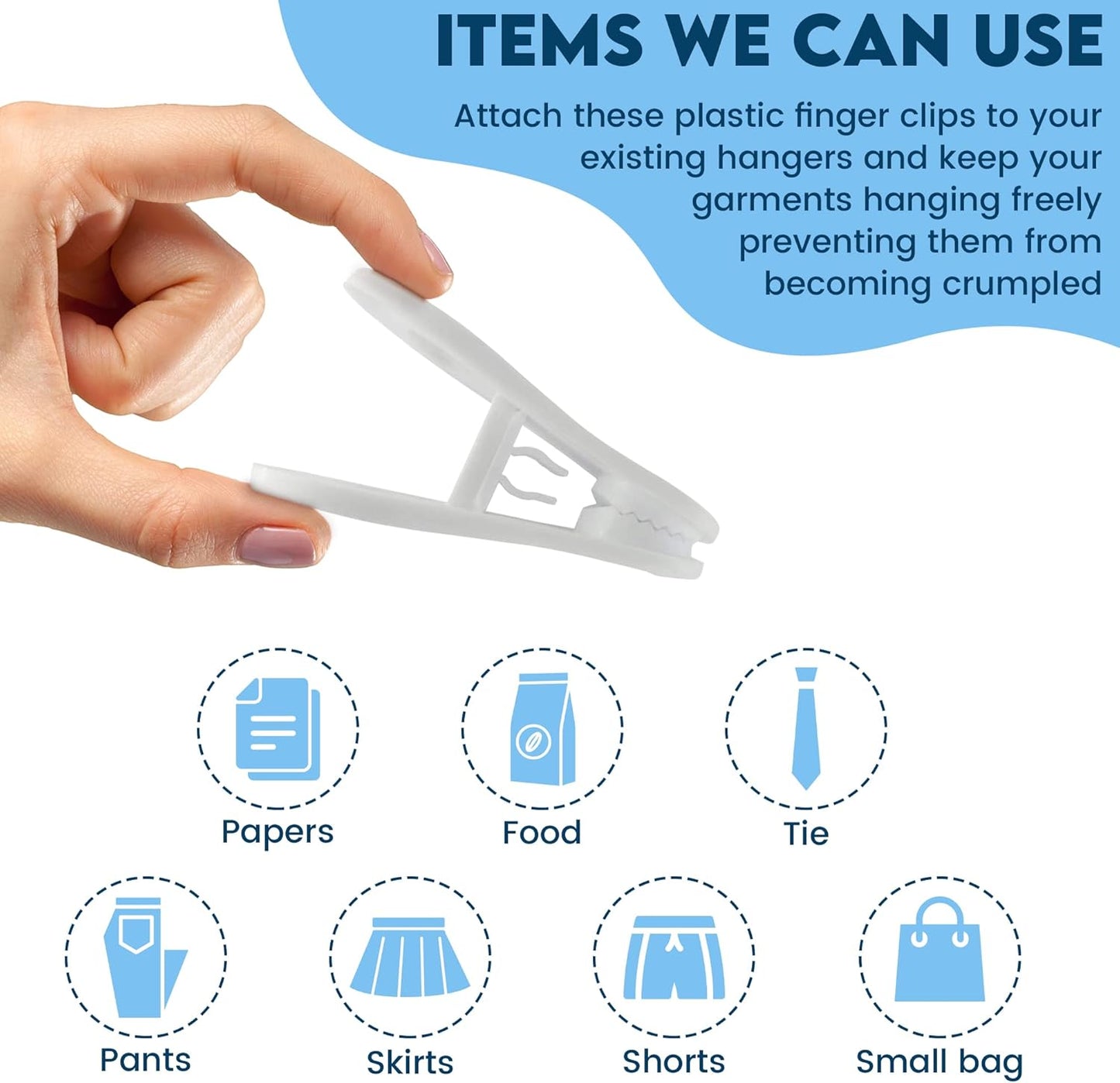 Hanger Clips 30 Pack - Multi-Purpose Finger Clips for Plastic Clothes Hangers, White