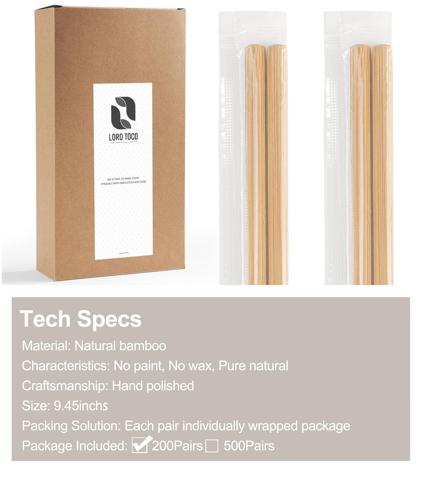 LOROTOCO 200Pairs Bamboo Chopsticks Disposable | Individually Wrapped | Bulk | Separated | Round | Premium Quality-（9.45in)