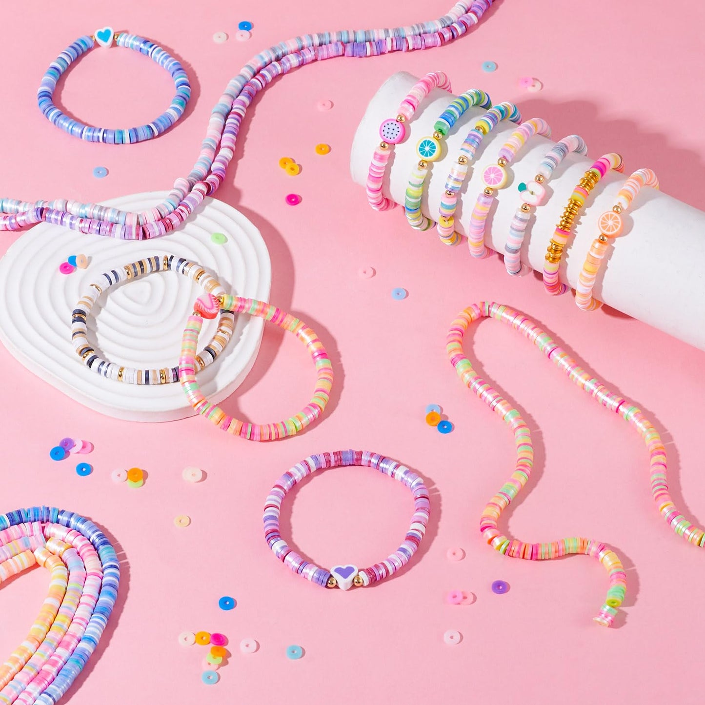 Elecrelive 10 Colors Clay Beads Bracelet Making Kit, 6mm Disc Flat Round Spacer Beads Colorful Pearlized Heishi Chips for Chocker Necklace Earring DIY Crafts
