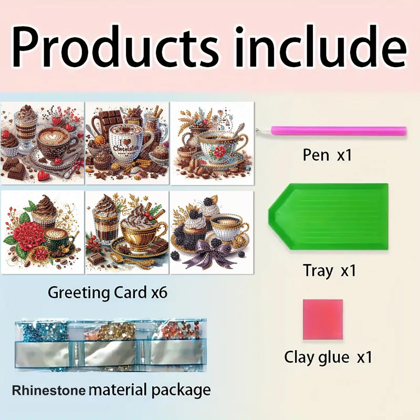 pigpigboss 6 Packs Coffee Dessert Diamond Painting Greeting Cards Kit, Crystal Rhinestones Flower Cupcake Diamond Art Birthday Card with Envelopes for Beginner Adult Holiday Blessing