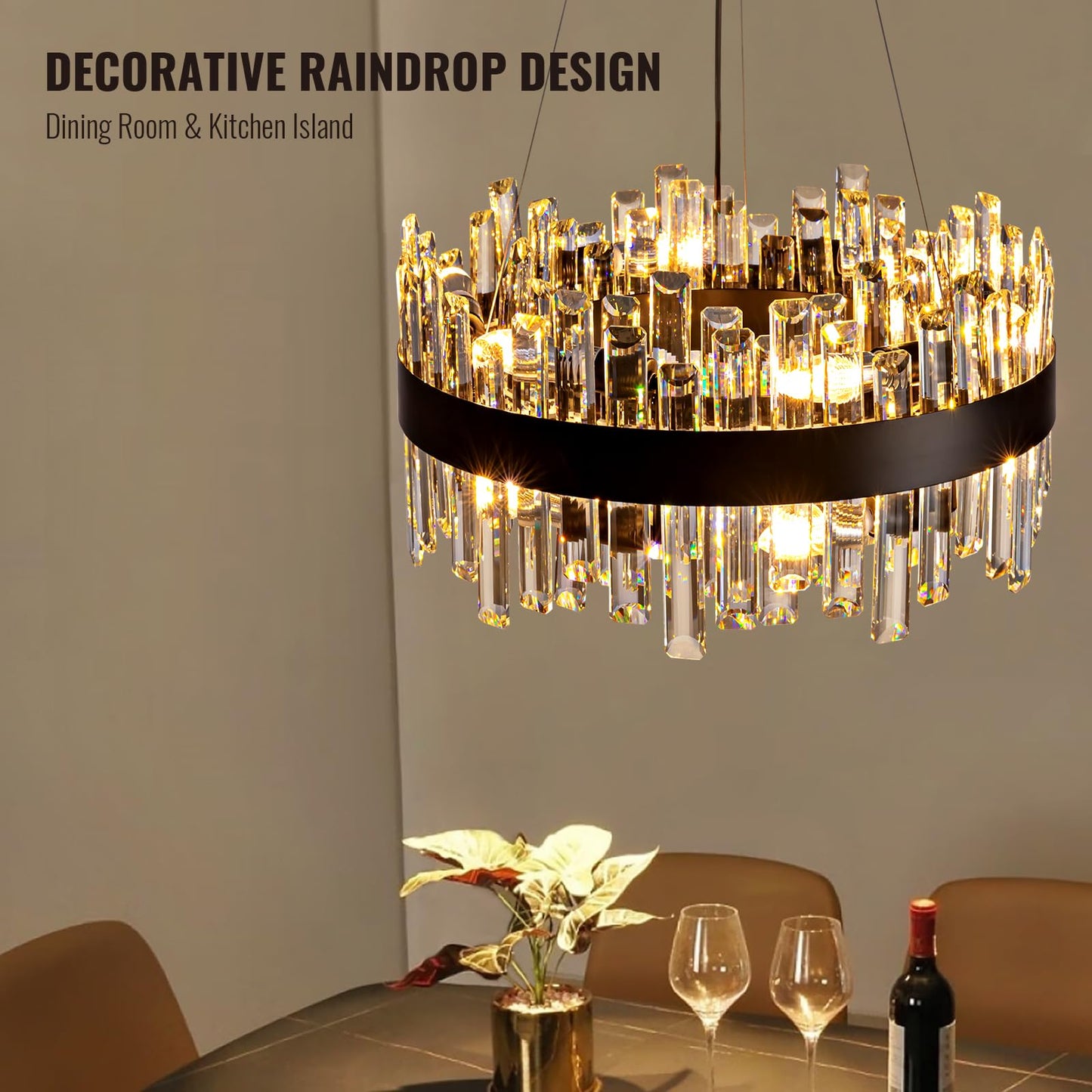 Siljoy Black Crystal Chandelier for Dining Room, Modern 2-Tiers K9 Crystal Raindrop Chandelier 12 Lights Farmhouse Pendant Ceiling Light for Living Room Kitchen Island Entry Foyer D19.7''