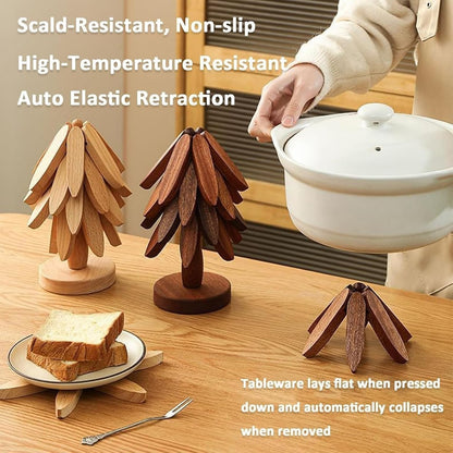 Wooden Tree Trivets for Hot Dishes - Set of 4 with Stand, Natural Foldable Kitchen 1 Stand Like a Christmas Tree Wooden Hot Pads Heat Resistant Trivets for Pots, Pans, Bowls & Teapots (Walnut-4)