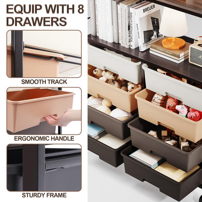 SYKIARIOL 8 Drawers Rolling Storage Cart with Wooden Top, Multipurpose Utility Cart with Opening Shelf & Lockable Wheels, Storage Drawer Cart Organizer for Home Office Craft Room Classroom, Brown