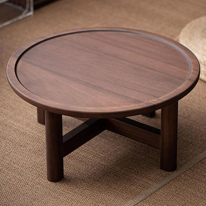 Tatami Coffee Table, Low Round Wooden Tea Table with Grooved Raised Edges and Cross-Leg Design for Living Room, Office, or Bay Window