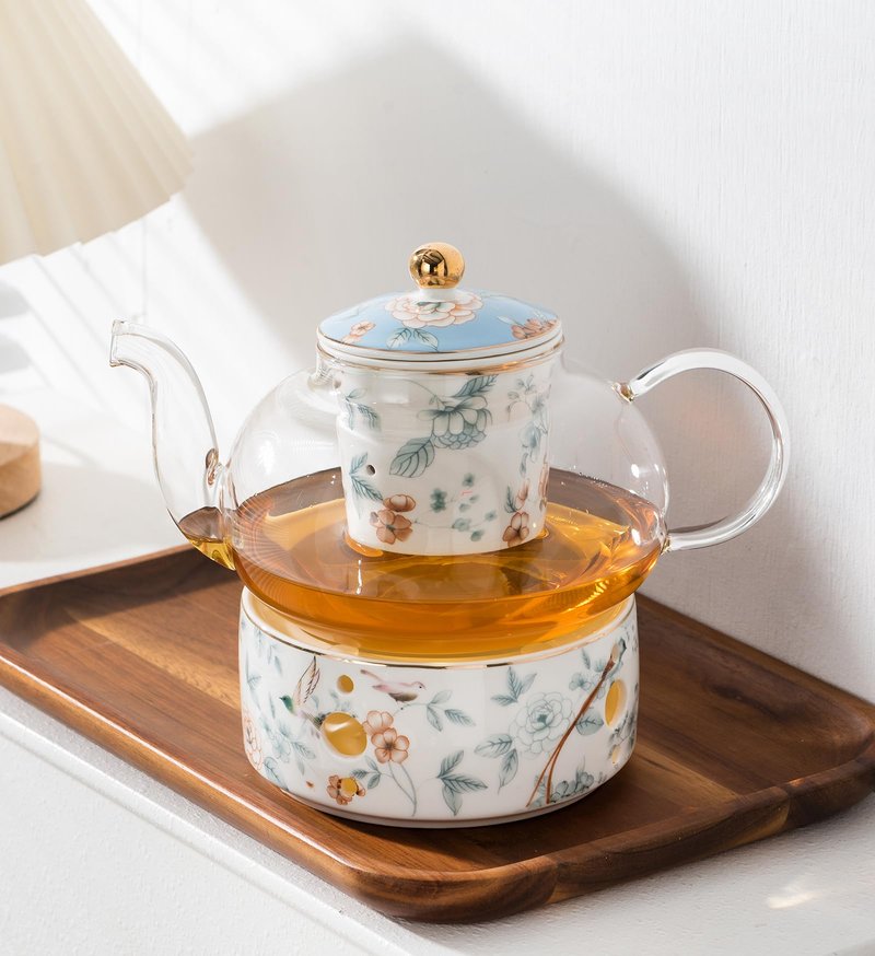 Jusalpha Porcelain Tea Set, Blue Floral Series, 4 Cups and Saucers with Teapot, Warmer, Filter and Spoon, 16 Pieces