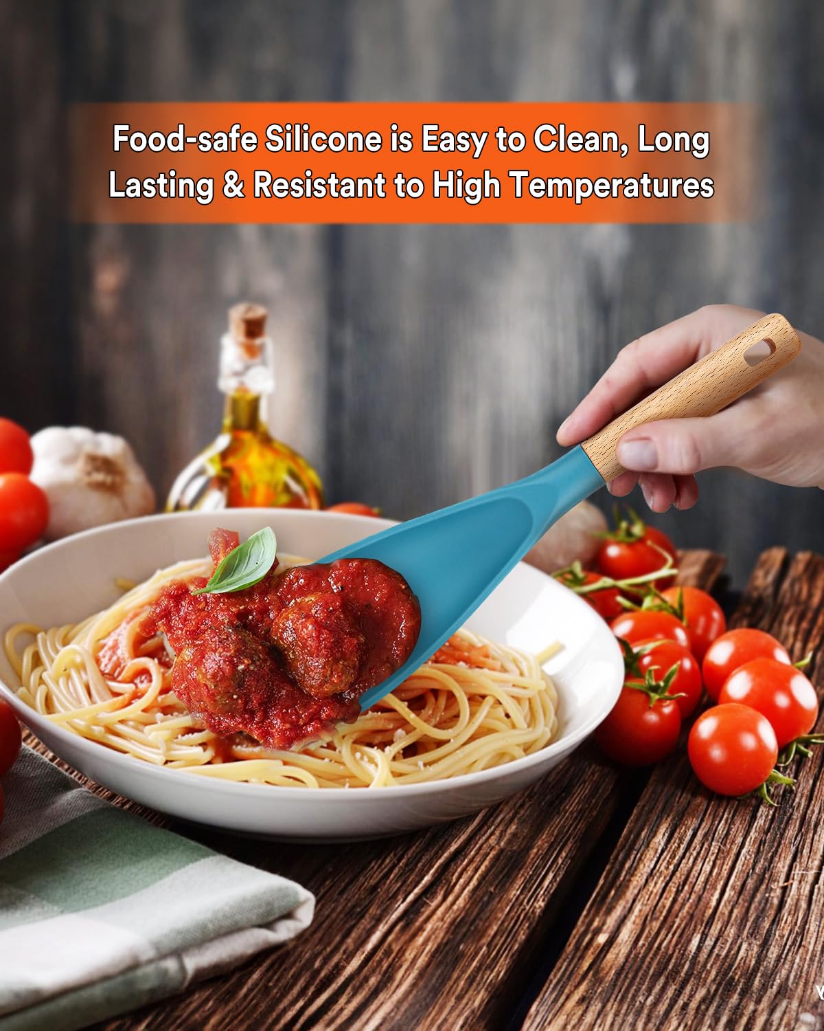 Cooking Spoon for Nonstick Cookwares, Great for Cooking and Serving Sturdy BPA-Free Matte Silicone, Wood Handle Spoon for Mixing, Scoop, and Scrape (Khaki & Turquoise, 11.4 inch)