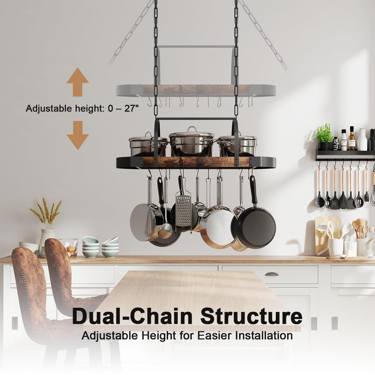 Chloraeon Hanging Pot Rack,32-Inch Ceiling Pot Rack for Kitchen,Space-Saving Pot Hanger with 16 Detachable S Hooks,Sturdy Metal Frame,Industrial Style,for Pot, Pan Storage,Space-Saving