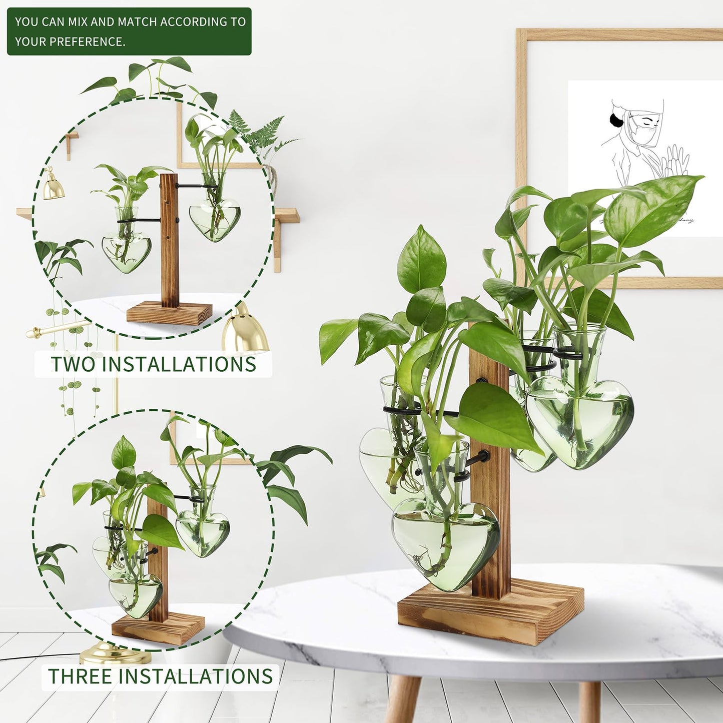 CYZglass Plant Terrarium Propagation Stations with Wooden Stand, Glass Vase for Indoor Hydroponics Home Garden Office Decoration Gift for Women - 4 Love Bulb Vase