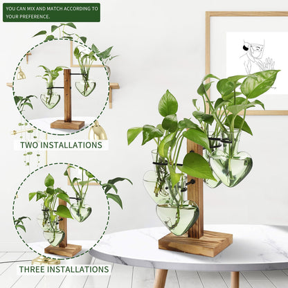 CYZglass Plant Terrarium Propagation Stations with Wooden Stand, Glass Vase for Indoor Hydroponics Home Garden Office Decoration Gift for Women - 4 Love Bulb Vase