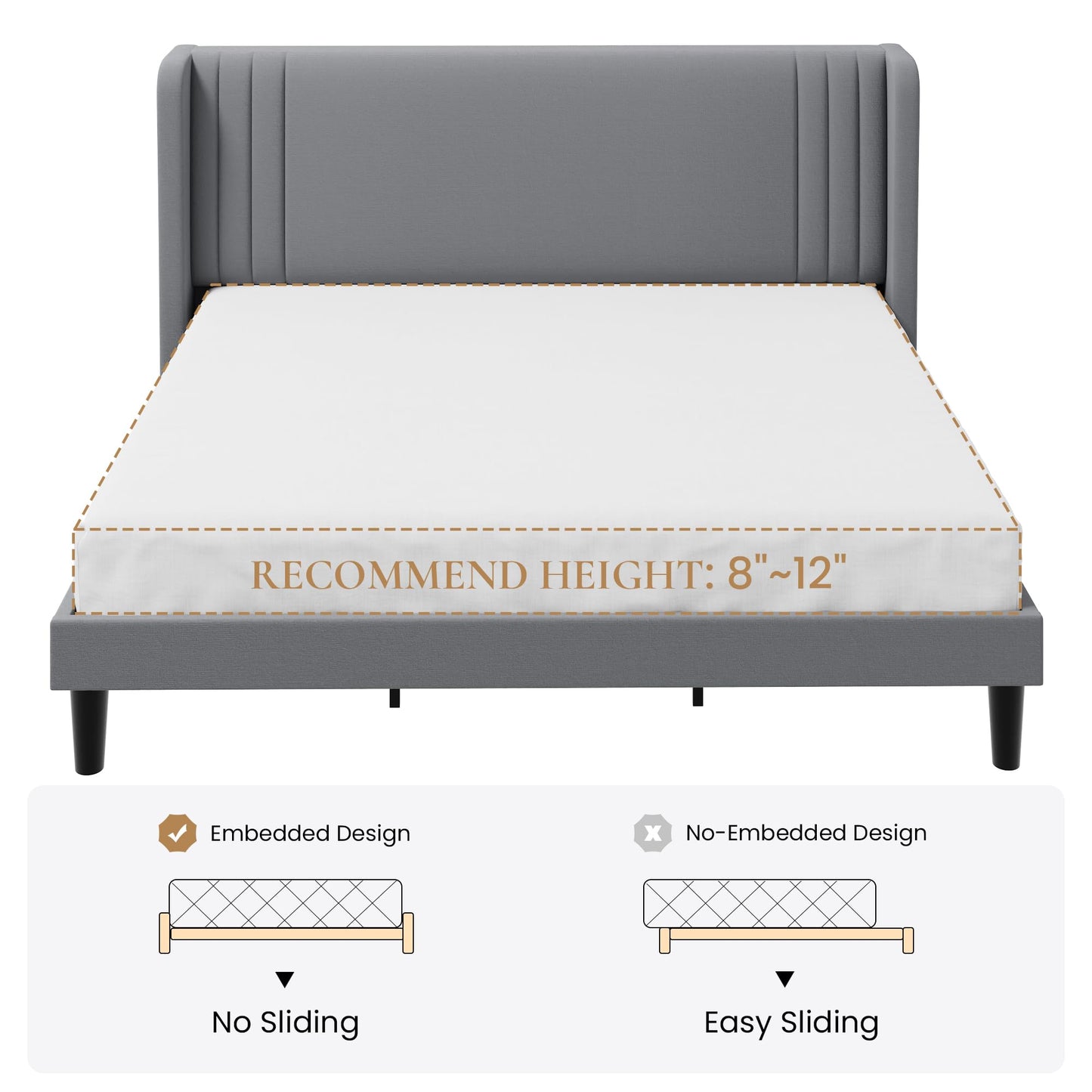 SHA CERLIN King Size Velvet Upholstered Platform Bed Frame with Vertical Channel Tufted Wingback Headboard, Wooden Slats Support, Easy Assembly, Under Bed Storage, No Box Spring Required, Grey