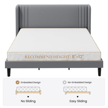 SHA CERLIN King Size Velvet Upholstered Platform Bed Frame with Vertical Channel Tufted Wingback Headboard, Wooden Slats Support, Easy Assembly, Under Bed Storage, No Box Spring Required, Grey