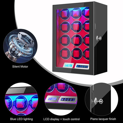 GCCRGRC Watch Winder 12 Slots Automatic Watches,Ultra-Quiet Japanese Motors, Built-in LED Illumination and LCD Touchscreen Control