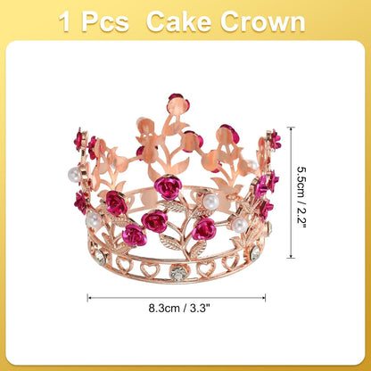 Uxcell Mini Crown Cake Toppers - Alloy Queen Princess Tiara with Pearl & Rose for Birthday Decor | Rose Gold/White/Rose Red