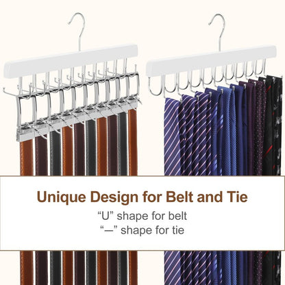 TOPIA HANGER 20 Hooks 2 in 1 Belt Tie Hanger for Closet Max 30 Belts with 30 Ties Capacity, Belt Tie Racks Wooden Hanger for Closet Organizer Storage “U” Fit for Belt and “一” Fit for Tie - CT47W
