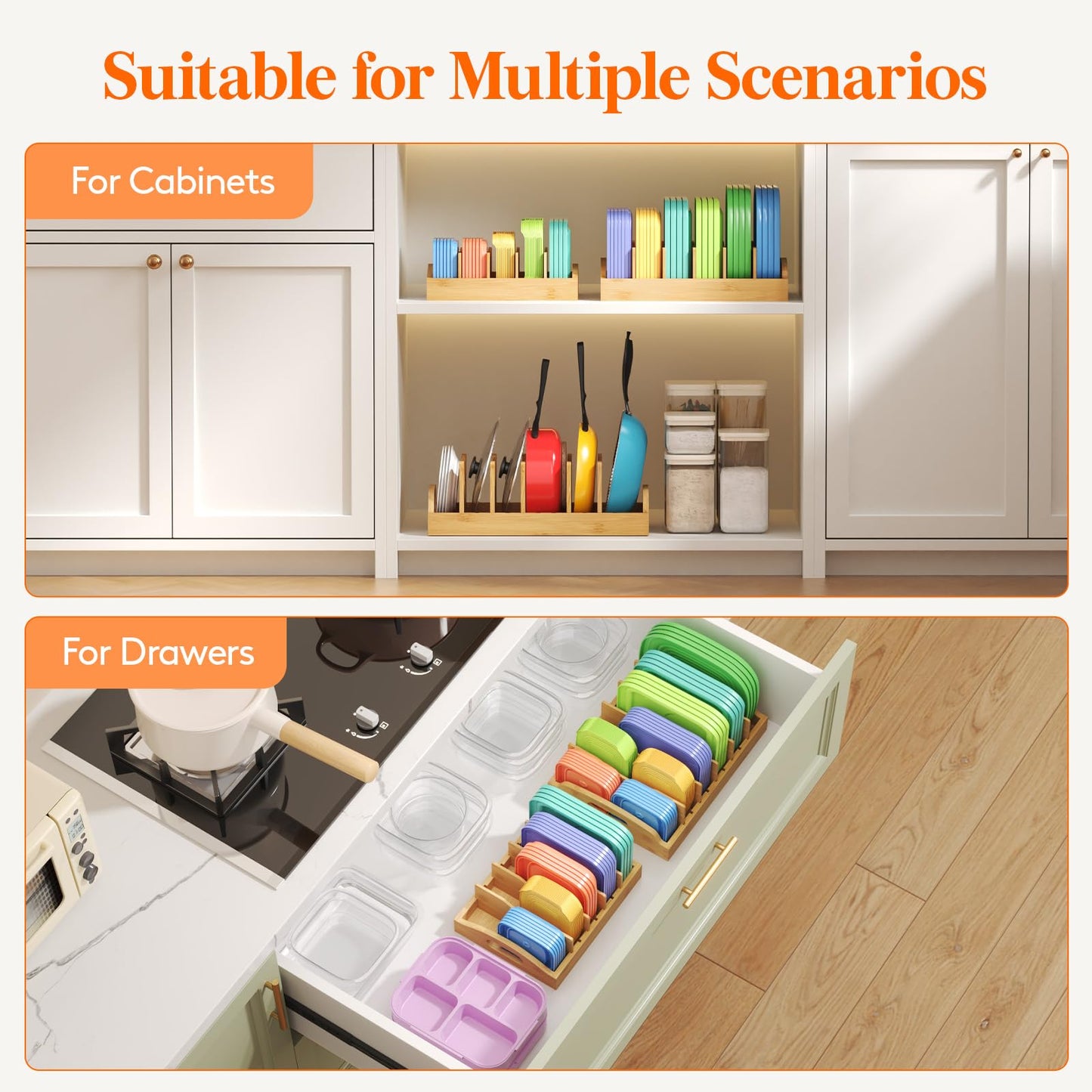 Lifewit Bamboo Lid Organizers for Inside Cabinet, Food Storage Container Lid Holder with 4 adjustable Inserts & 5 Sections, Kitchen Pantry organizer and storage, 10.6" X 8.3"