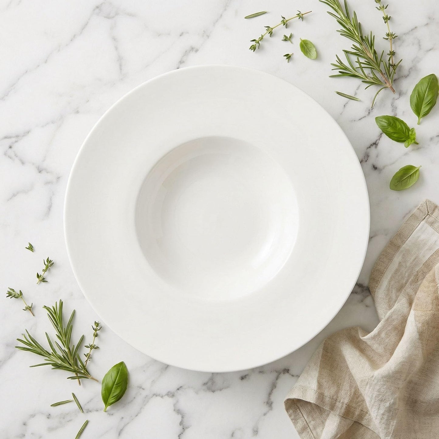 Creativity Home Ceramic Wide Rimmed Soup Plate, Soup Bowl 14 oz, Pasta Bowl Set of 4, White Shallow Bowl Plate with Rim, Best choice for high-end restaurants, hotels, and foodies, 12 Inch