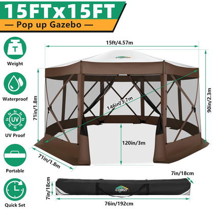 COBIZI 15x15FT Pop Up Gazebo Screen Tent Screen House for Camping, Screen Room with Mosquito Netting, Hub Tent Instant Screened Canopy with Carrying Bag and Ground Stakes, Brown