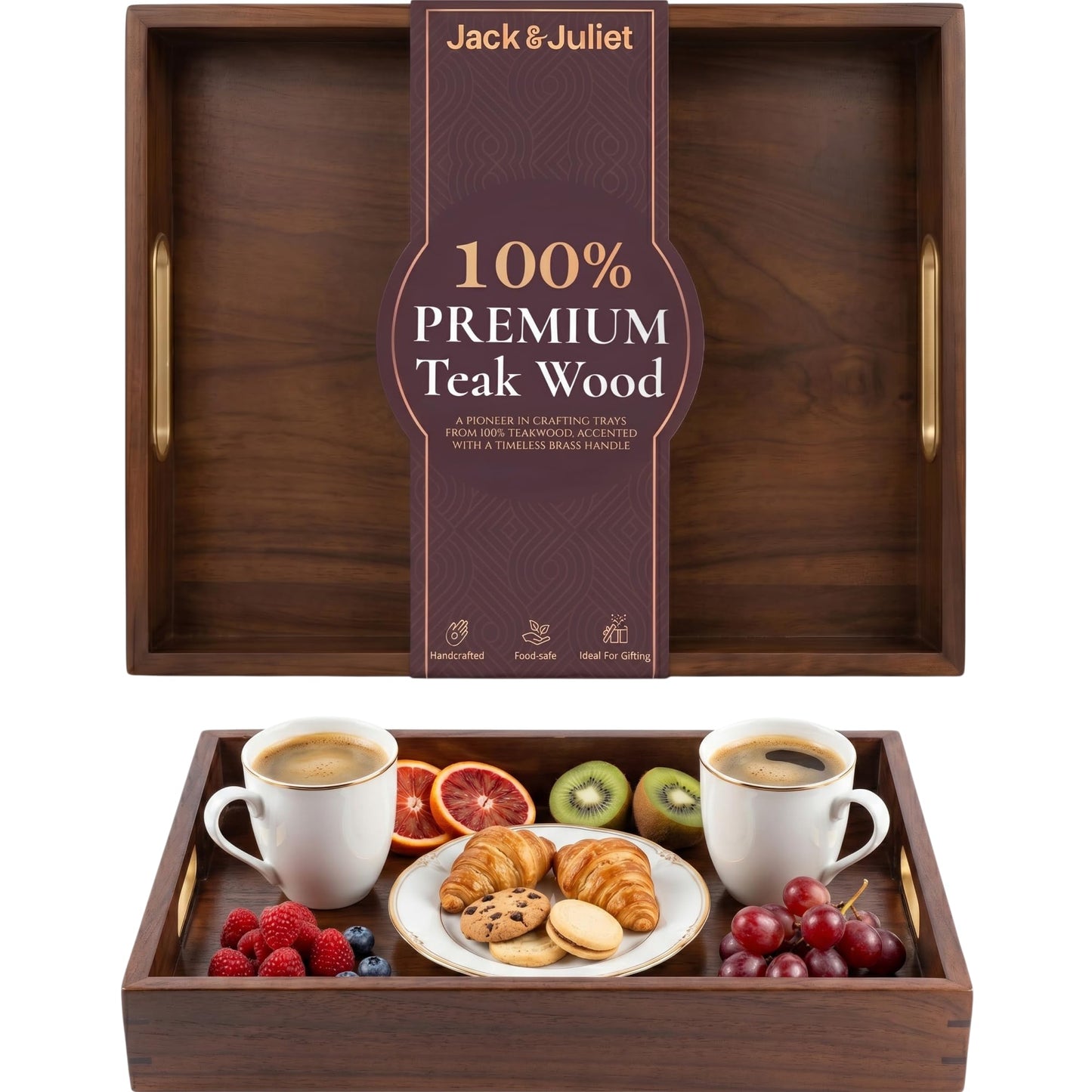 Jack & Juliet Teak Wood Ottoman Tray – Large Wooden Multifunctional Tray with Real Brass Handles - Non Slip Base in Food-Safe Finish - Gift-Ready Packaging for Coffee Table and Home Decor (Walnut)