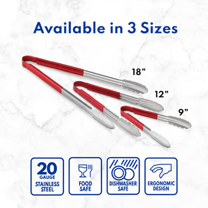 New Star Foodservice 35773 12-Inch Utility Spring Tongs, Stainless Steel, Vinyl Coated, Set of 12, Red