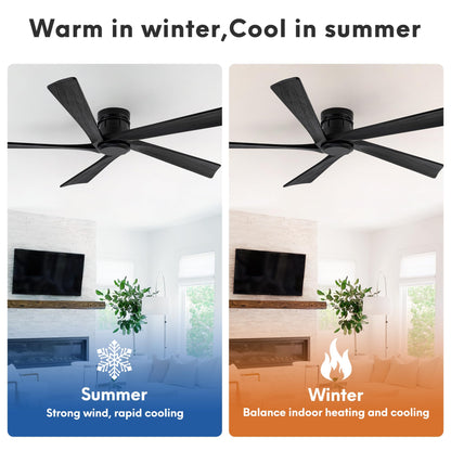 Vernal Life 64 Inch Modern Flush Mount Ceiling Fans no Light for Living Room, 5 Reversible Wood Blades, 6-Speeds, 110V Noiseless DC Motor (Black Finish with Black Blades)