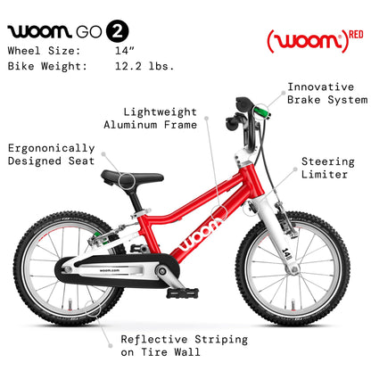 woom GO 2 Bicycle for Children 3 to 4.5 Years Old, 14-Inch Lightweight Bike with Handbrake, Steering Limiter & Chainguard for Boys & Girls - Red