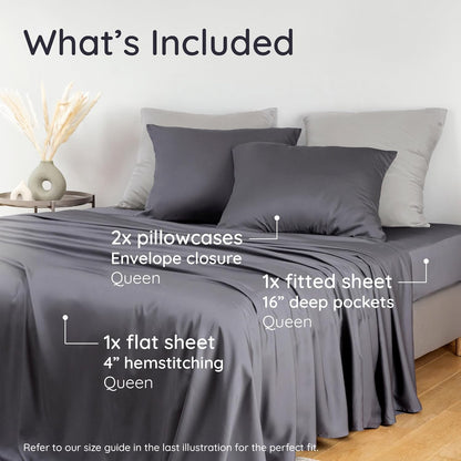 Bambaw Bamboo Sheets Queen Size Set - 4-Piece Cooling Luxury Bed Sheets, Super Soft & Deep Pocket (Charcoal)