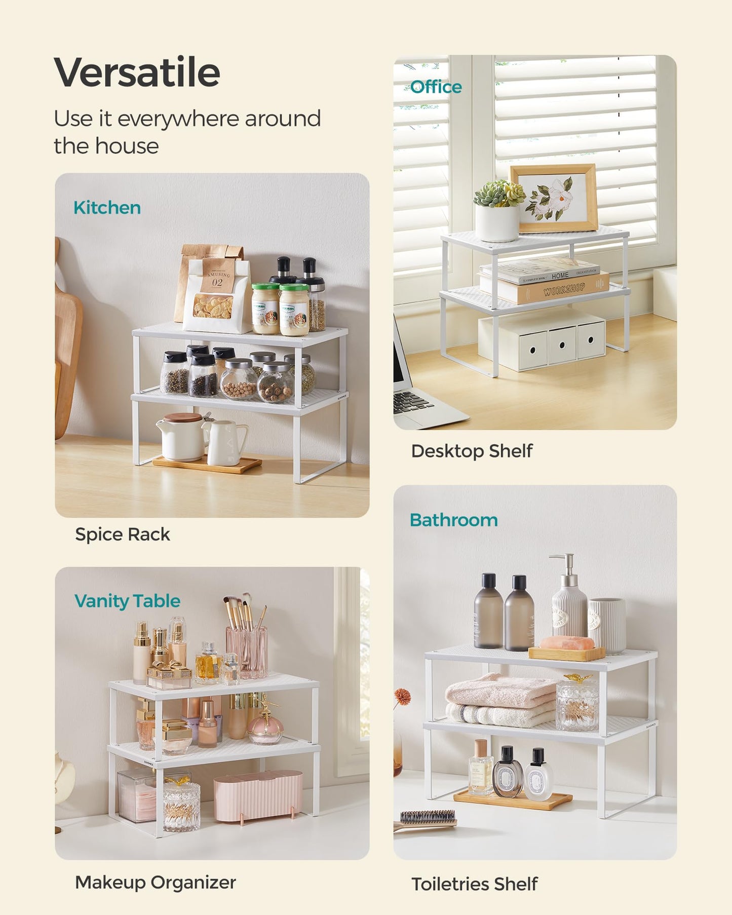 SONGMICS Spice Racks, Set of 2 Metal Cabinet Shelf Organizers, Countertop Organizers, Shelf Risers, Stackable, Expandable, Silver UKCS01SV