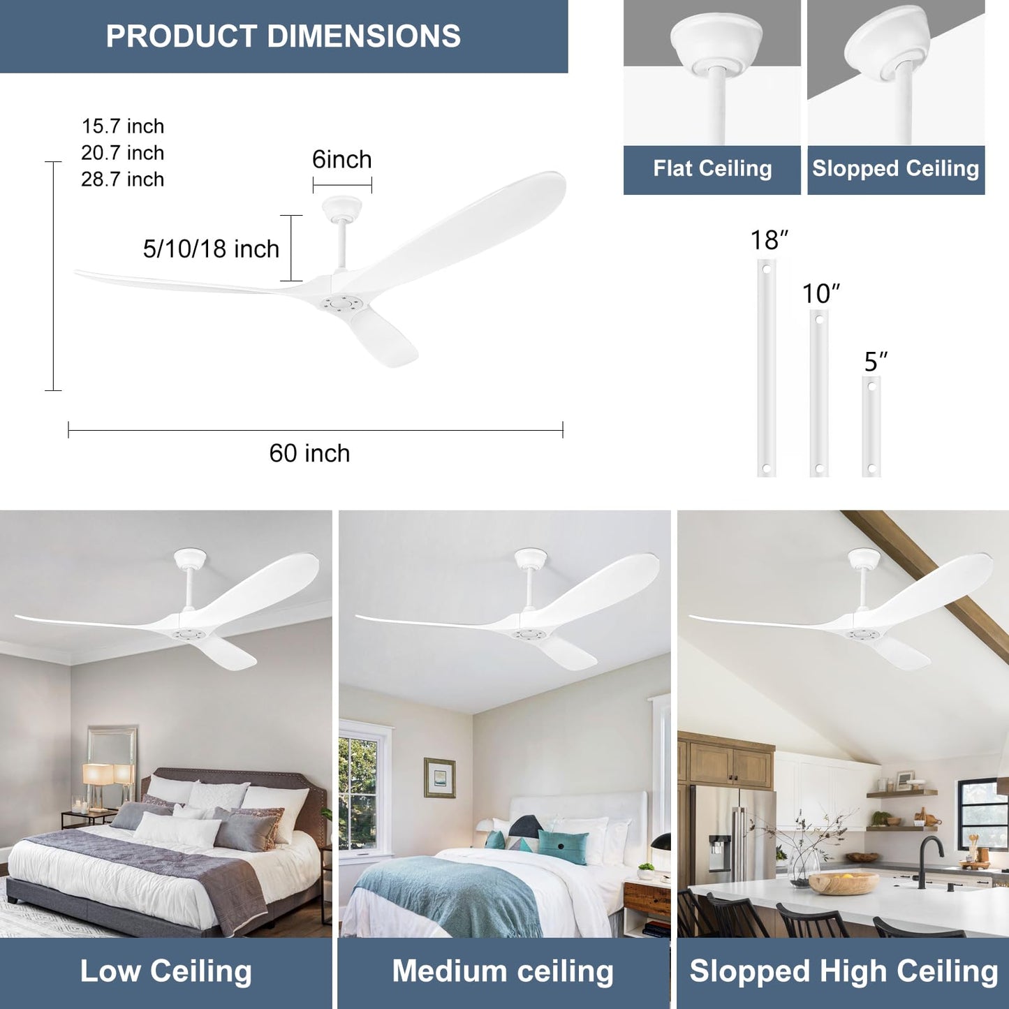 YOZZAN Solid Wood Ceiling Fans no Light,60'' White Ceiling Fan with Remote Control,DC Motor with Large Airflow,Indoor and Outdoor Ceiling Fan for Living Room,Bedroom,Patios