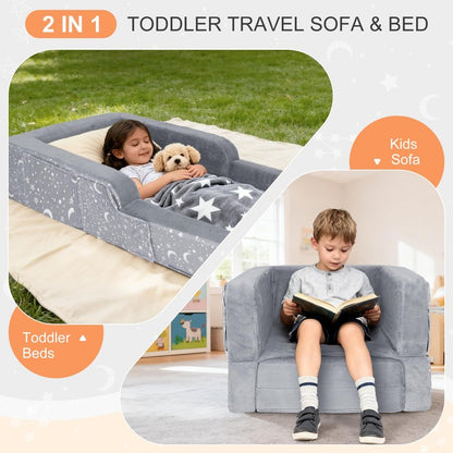 Portable Toddler Travel Bed, 2 in 1 Foldable Toddler Bed Sofa Chair, Soft Baby Kids Travel Floor Beds with Washable Cover, Blanket, Safety Foam Raised Bumper for Camping Hotel Grandma’s House Sleeping