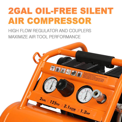 FORNAX Air Compressor Portable 2 Gallon, 1.2 HP 2.1 SCFM@ 90 PSI Oil Free, Max Pressure 135 PSI, 65 dB Silent Air Compressor for Auto Repair, Tire Inflation, Airbrushing, Nailing