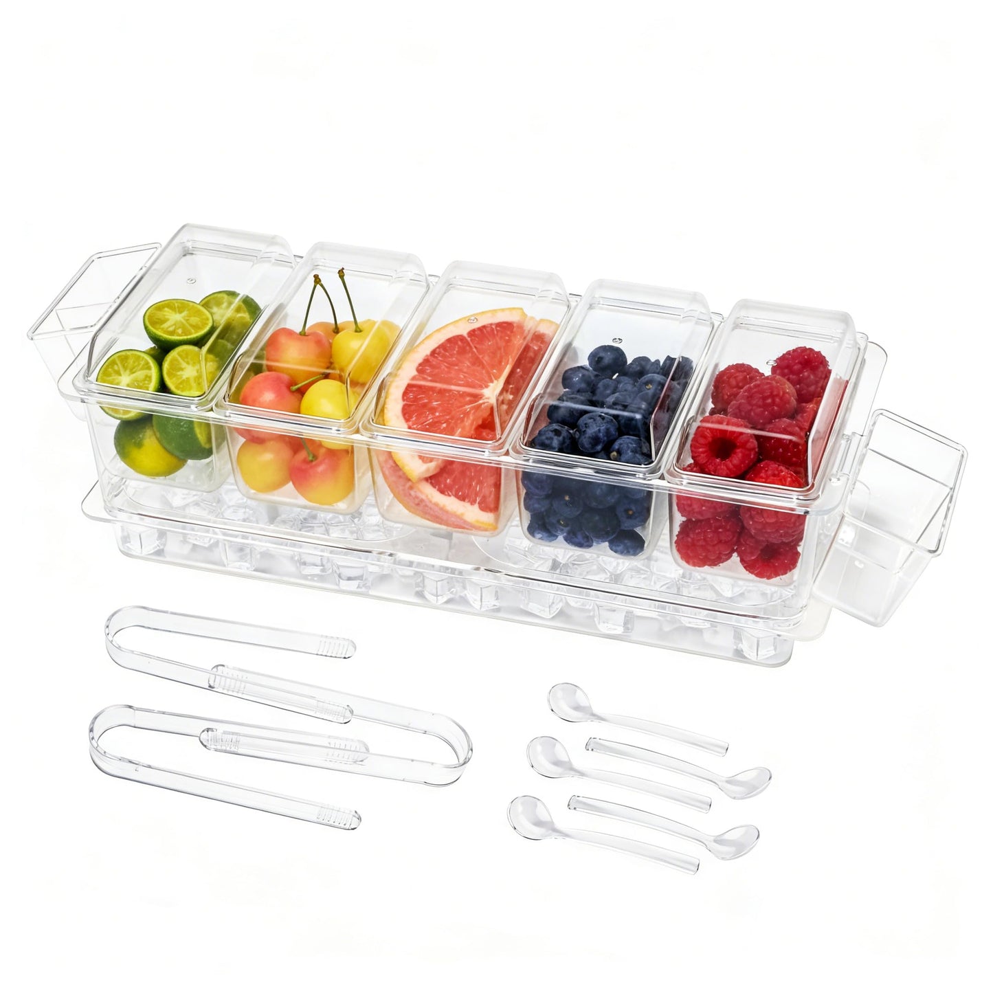 IVYHOME Chilled Condiment Server, Taco Bar Serving Set, Versatile Ice Containers, with 5 Lidded Containers and Detachable Ice Storage Layer, 2 Hanging Cups for Storing Tong and Forks