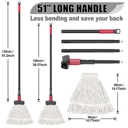 IOPRETTY Commercial Mops for Floor Cleaning - Looped-End Heavy Duty Wet Mop with Long Handle for Hardwood Wood Tile Vinyl - Reusable Cotton Head for Home Garage Kichen Bathroom