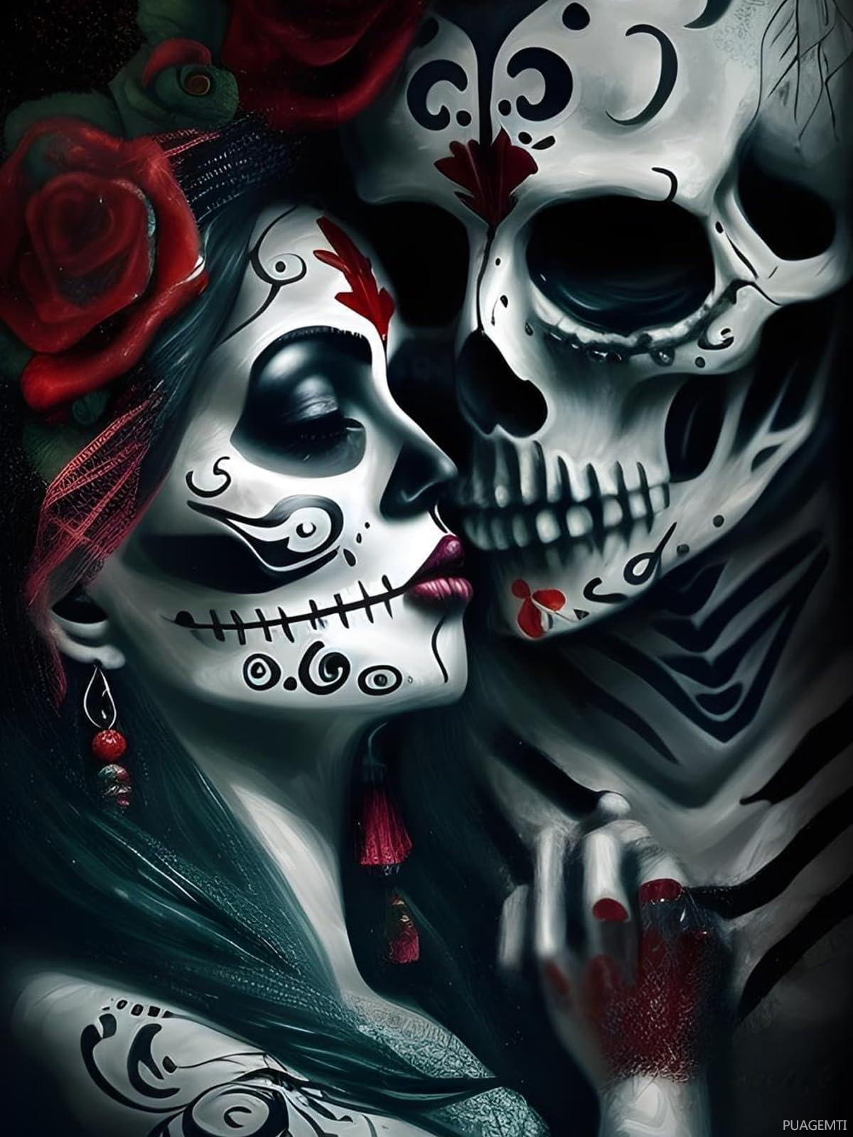 PUAGEMTI Skeletons Couple Kissing Diamond Painting for Adults, Mexican Skull Full Drill Diamond Art Painting Rhinestone Diamond Painting Kits Home Wall Decor or Mexican Gifts 12x16 inch