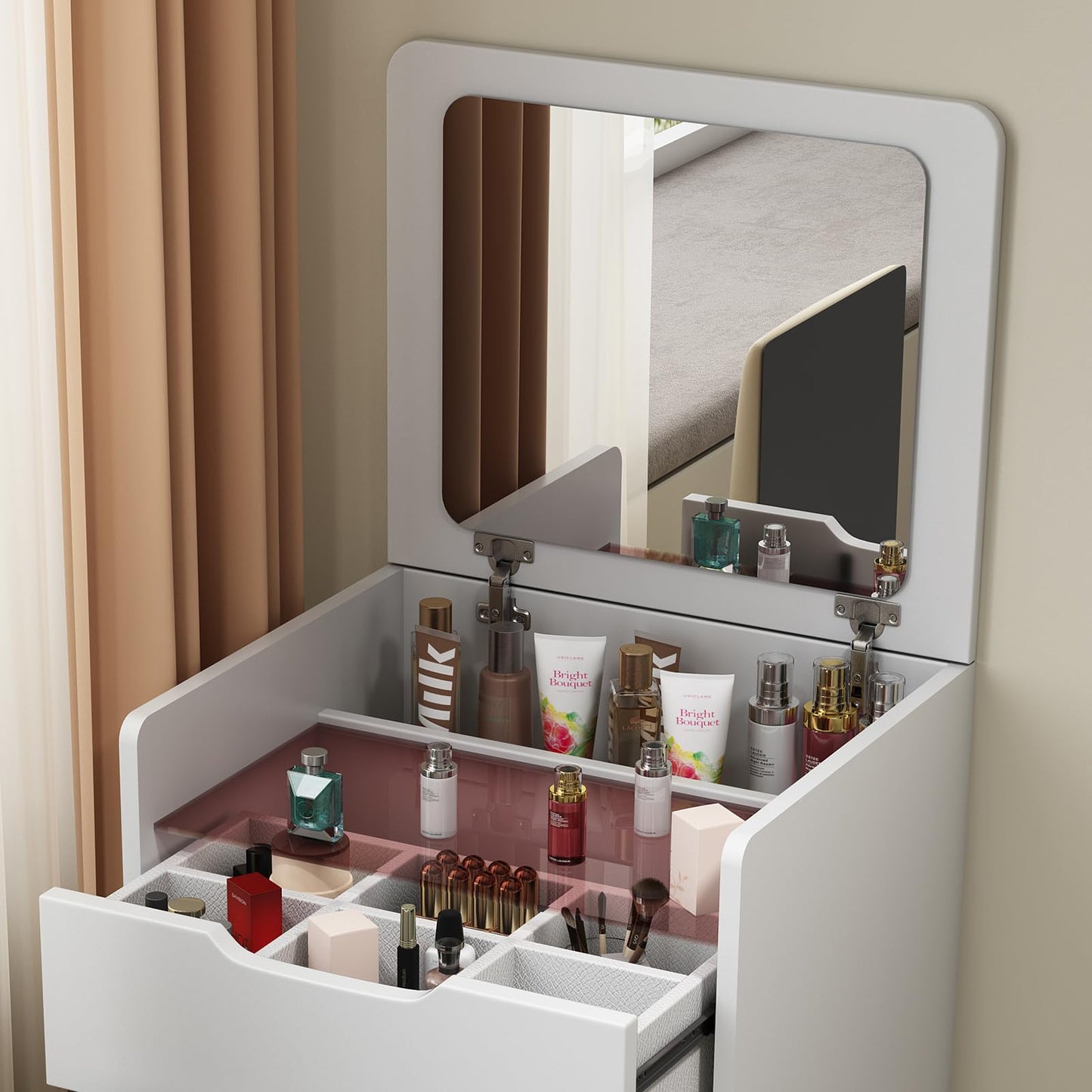 KEIKI Vanity Desk with Plip Top Mirror, 3 in 1 Make Up Vanity Set with 3 Drawers, Dressing Table with Stool for Bedroom, White