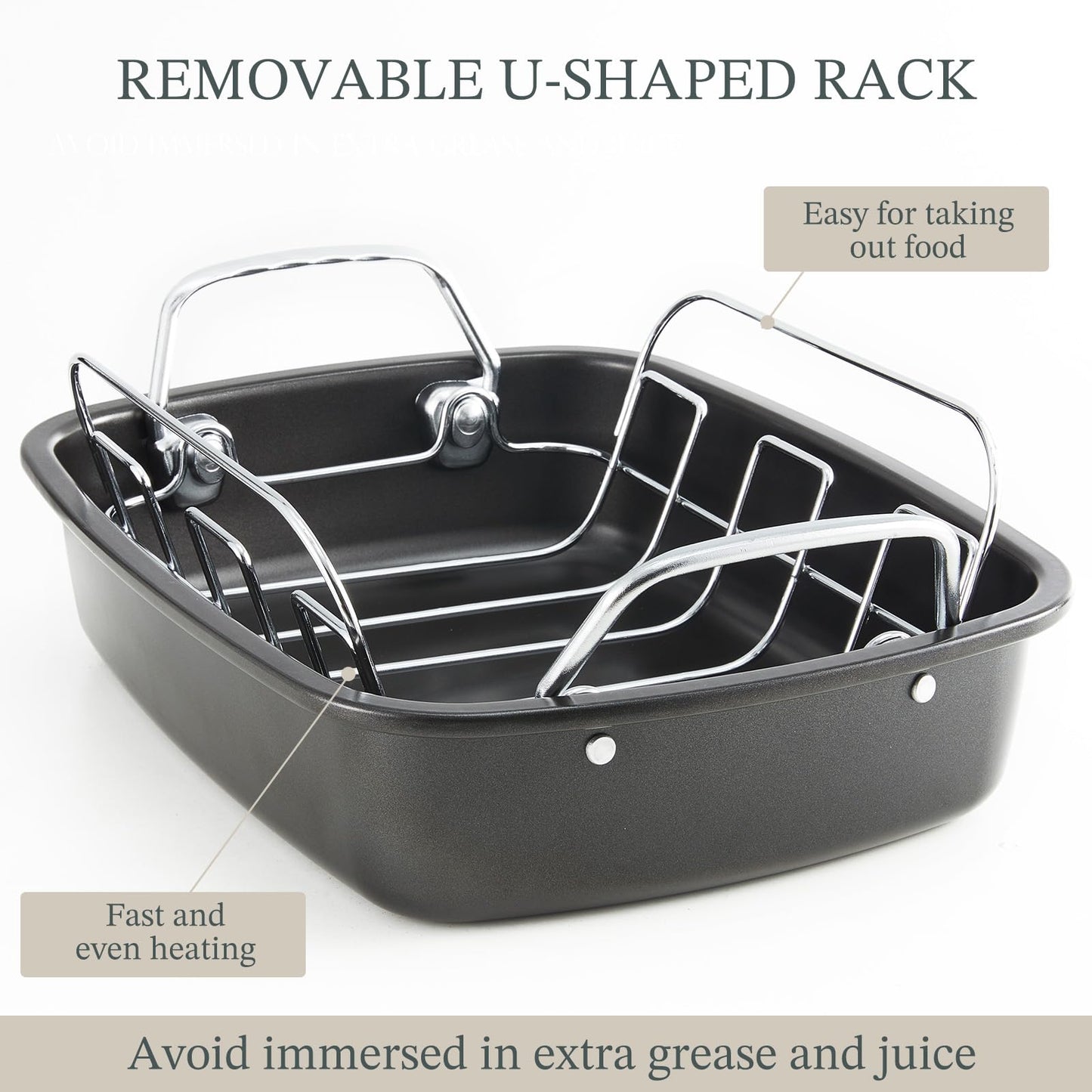 KITESSENSU Large Roasting Pan with Rack - 25 LB Nonstick Turkey Roaster Pan for Oven - Heavy Duty Carbon Steel Roasting Pan with Wider Handles for Chicken, Vegetables & Holiday Meals, Cream