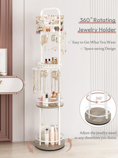 Jewelry Holder Organizer, Floor Jewelry Organizer with Earring Organizer Necklace Holder, Rotating Jewelry Stand Necklace Display Earring Storage, Large Hanging Jewelry Tree for Jewlery Bracelet Ring