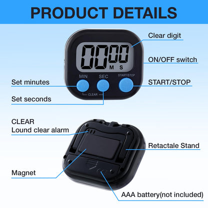 Leumoi 24 Pcs Digital Kitchen Timers Magnetic Back Timers Bulk Large Screen Loud Alarm On/Off Switch Minute Second Count up Countdown Memory Setting for Cooking Classroom Exercise(Black and Blue)