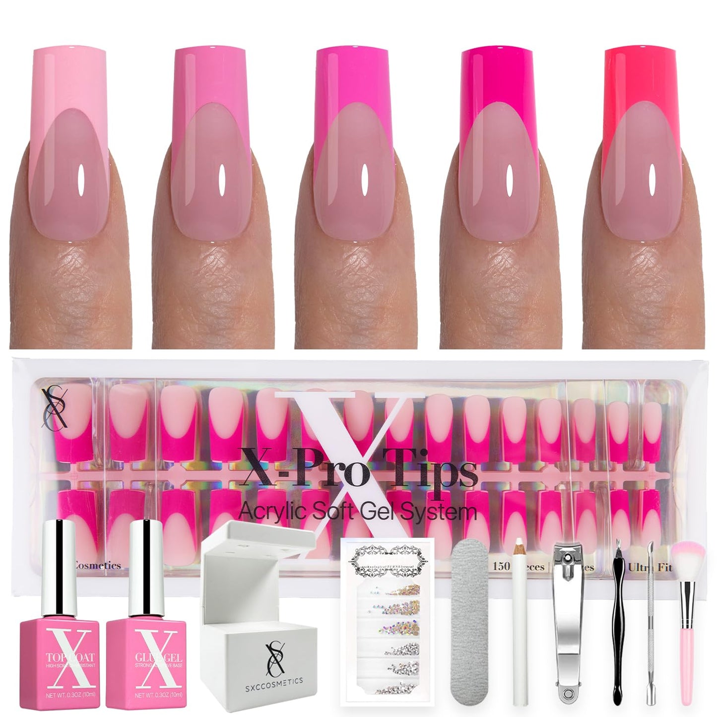 SXC Cosmetics French Tip Press On Nails - Skin Tone Nude and Color Series, Short Coffin X-Pro Tips Starter Kit ST119KIT