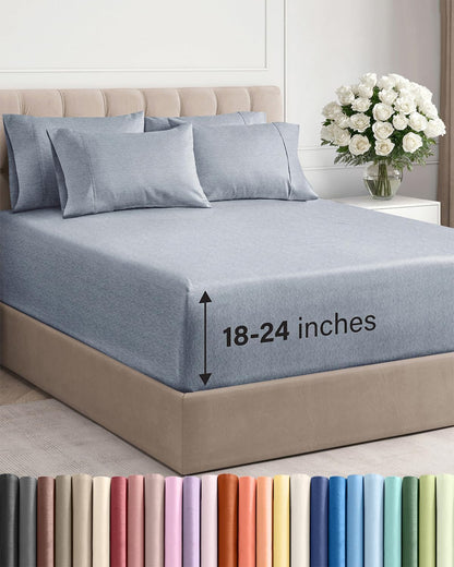 Skiennix Extra Deep King Sheet Set - 6-Piece Breathable Cooling Bedding - Soft, Wrinkle-Free Heathered Blue