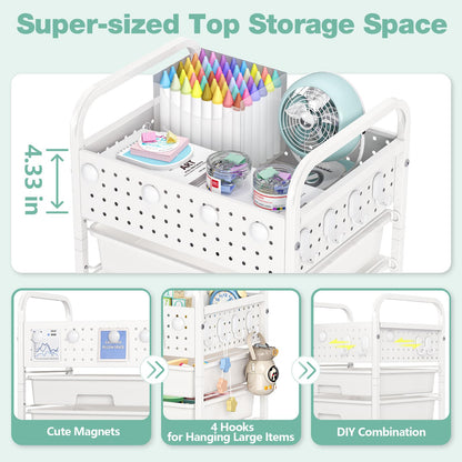 SYKIARIOL 4 Drawer Rolling Storage Cart with Pegboard Top and Hooks, Mobile Organizer Cart with Wheels for Office Supplies, Craft Storage, Classroom Organization, Home Utility Cart, White