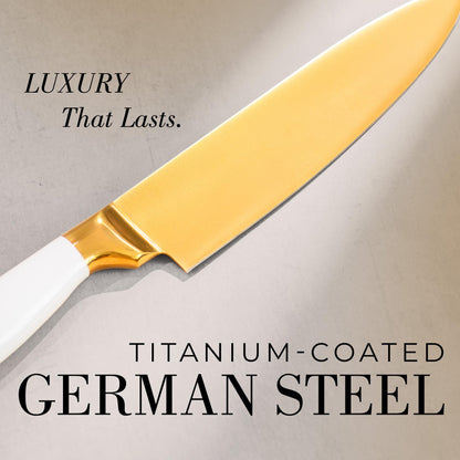 STYLED SETTINGS White and Gold Knife – Stainless Steel Chef Knife with Gold Titanium Coating, Precision German Stainless Steel Blade – Luxury Kitchen Accessories - Ideal Cooking Gift