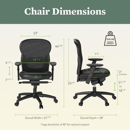 HON Wave High Back Ergonomic Office Chair with Leather Seat and Breathable Mesh Back, Adjustable Arms, Synchro‑Tilt Recline and Swivel Wheels for Desk and Computer Use, Black