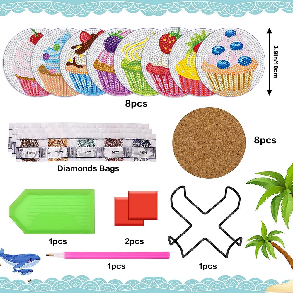 PERFECTSIGHT 8 Pcs DIY Diamond Art Painting Coasters with Holder, Cute Diamond Paint Coaster Kits for Adults, Kawaii Full Drill Diamond Art Craft Paint by Number Non Slip Coaster - Silver Cupcake