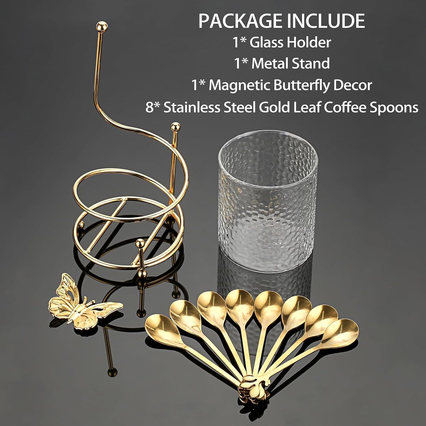 ELLDOO Coffee Spoon Set with 8 Gold Leaf Stainless Steel Spoons and Clear Glass Holder for Mixing