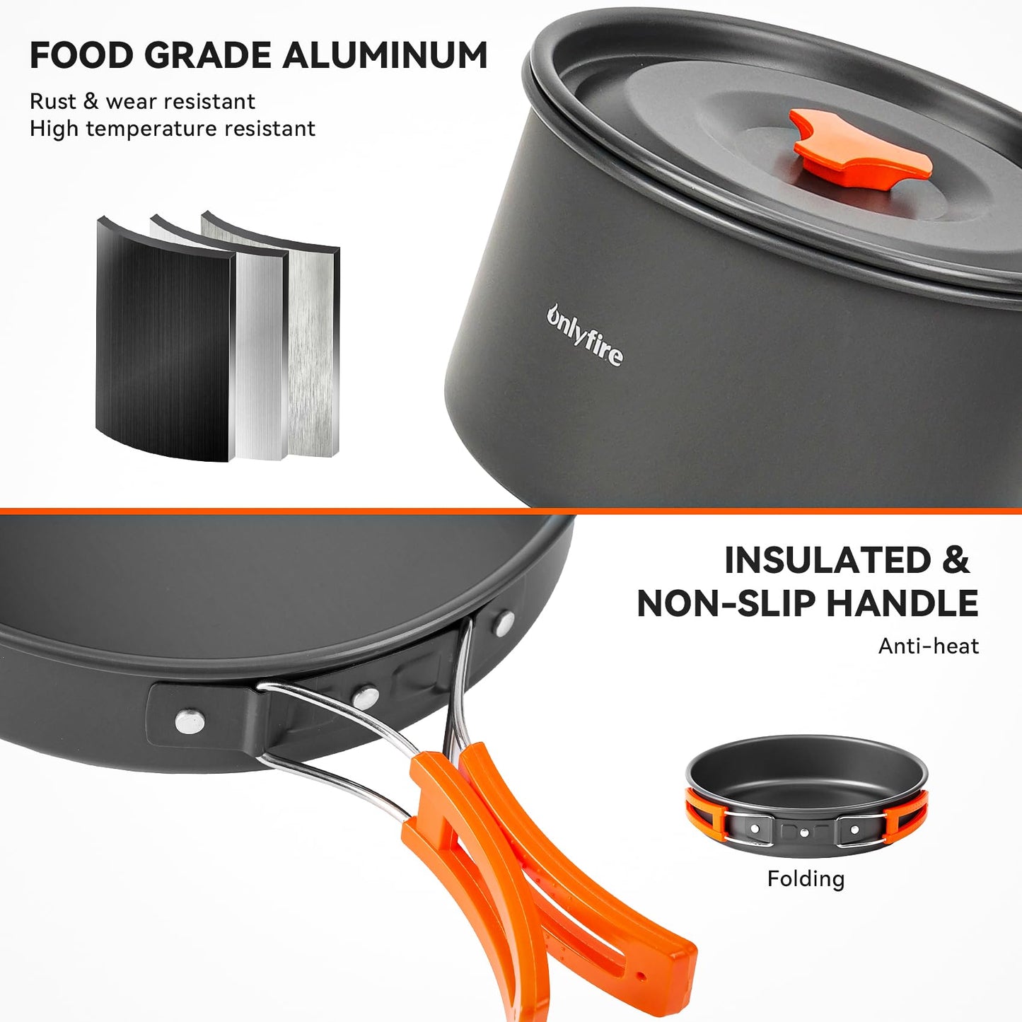 ONLYFIRE OUTDOOR LIVING14pcs Camping Cookware Set, Lightweight Nonstick Pots, Pan, Kettle, Utensils, Bowls, and Cleaning Tool with Mesh Bag for Camping Hiking Backpacking RV Tailgating Cooking, CT604