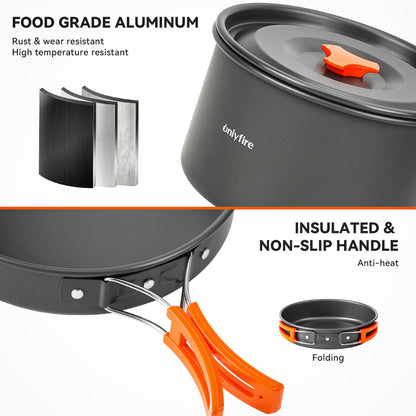ONLYFIRE OUTDOOR LIVING14pcs Camping Cookware Set, Lightweight Nonstick Pots, Pan, Kettle, Utensils, Bowls, and Cleaning Tool with Mesh Bag for Camping Hiking Backpacking RV Tailgating Cooking, CT604