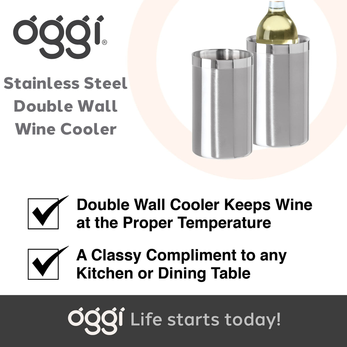 OGGI Stainless Steel Double Wall Wine Cooler - Insulated Tabletop Wine Chiller for White Wine & Champagne, Fits Most Standard Sized Bottles